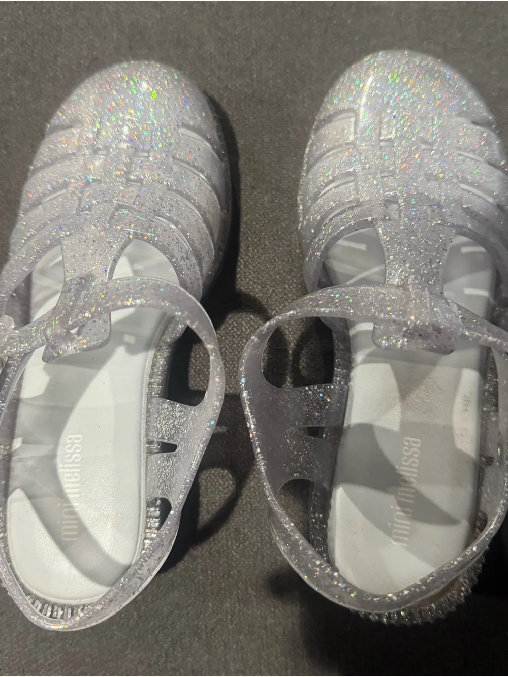 Size 12 Mini Melissa Glitter Jelly Sandals in Sparkling Silver